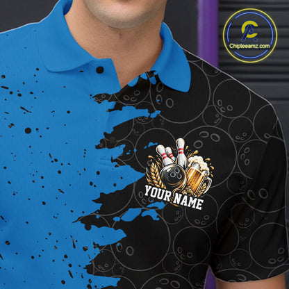 Custom Black And Blue Grunge Vintage Bowling Beer Men Polo Team Shirt IPHW12796