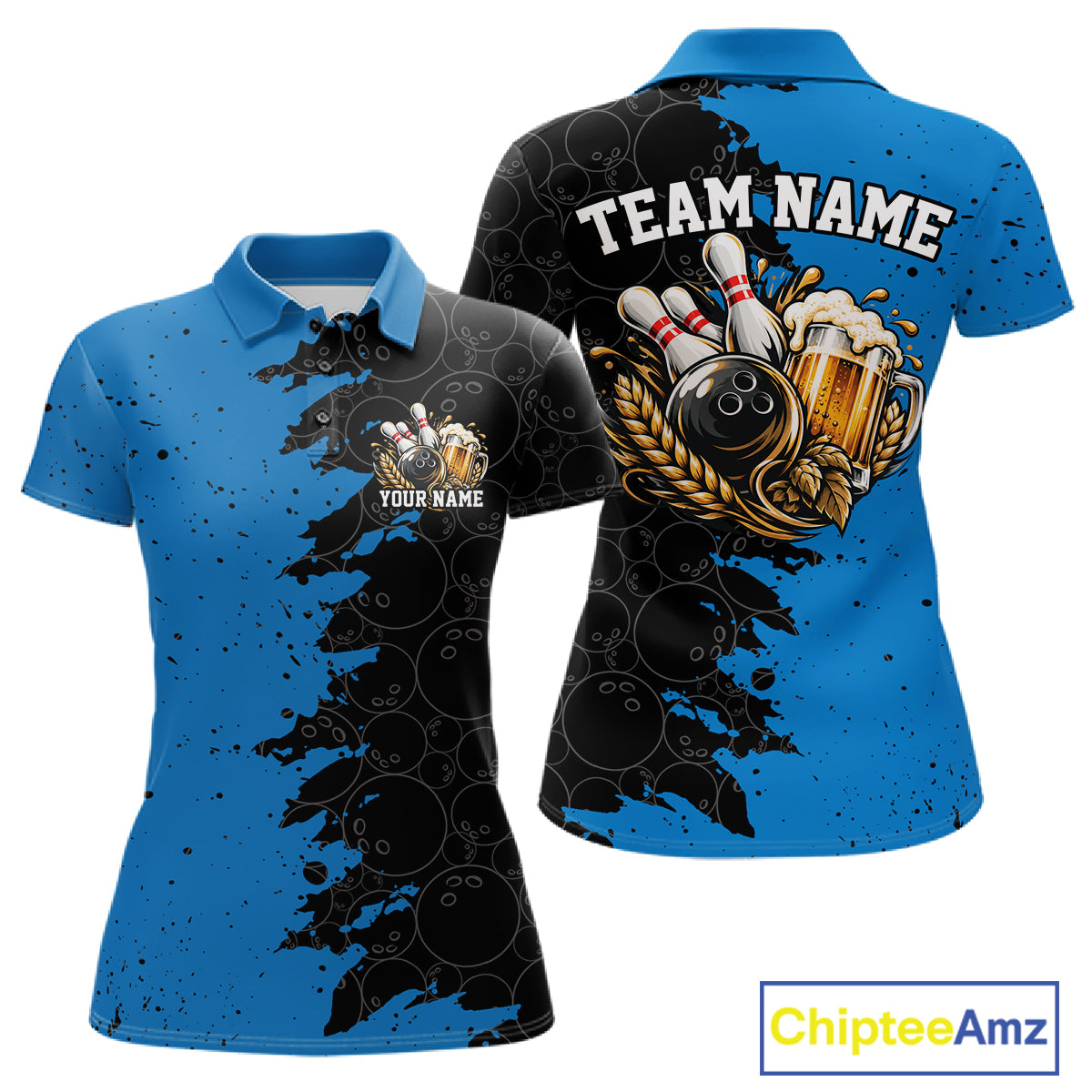 Custom Black And Blue Grunge Vintage Bowling Beer Women Polo Team Shirt IPHW12796