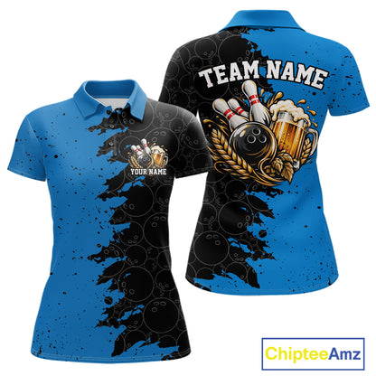 Custom Black And Blue Grunge Vintage Bowling Beer Women Polo Team Shirt IPHW12796