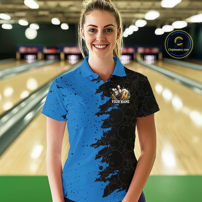 Custom Black And Blue Grunge Vintage Bowling Beer Women Polo Team Shirt IPHW12796
