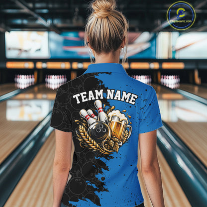Custom Black And Blue Grunge Vintage Bowling Beer Women Polo Team Shirt IPHW12796
