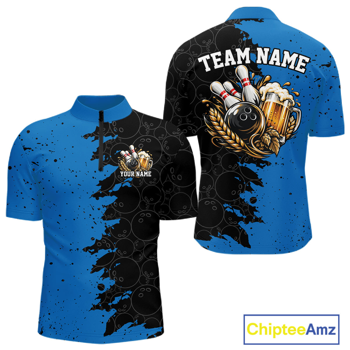 Custom Black And Blue Grunge Vintage Bowling Beer Men Quarter Zip Team Shirt IPHW12796
