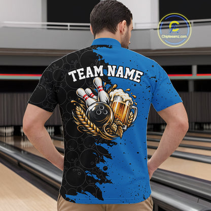 Custom Black And Blue Grunge Vintage Bowling Beer Men Quarter Zip Team Shirt IPHW12796