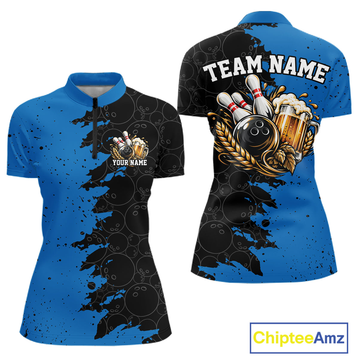 Custom Black And Blue Grunge Vintage Bowling Beer Women Quarter-Zip Team Shirt IPHW12796