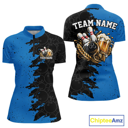 Custom Black And Blue Grunge Vintage Bowling Beer Women Quarter-Zip Team Shirt IPHW12796