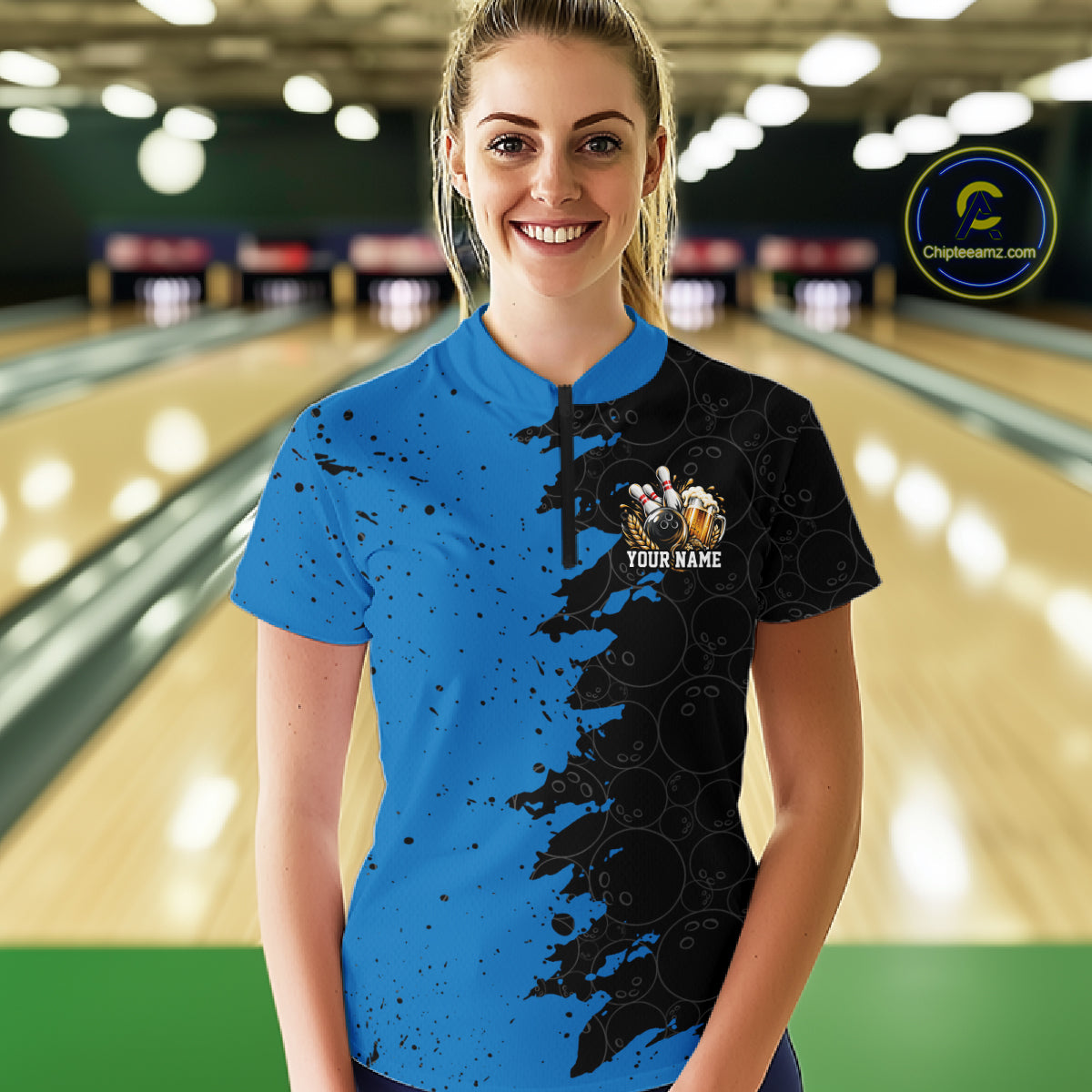 Custom Black And Blue Grunge Vintage Bowling Beer Women Quarter-Zip Team Shirt IPHW12796