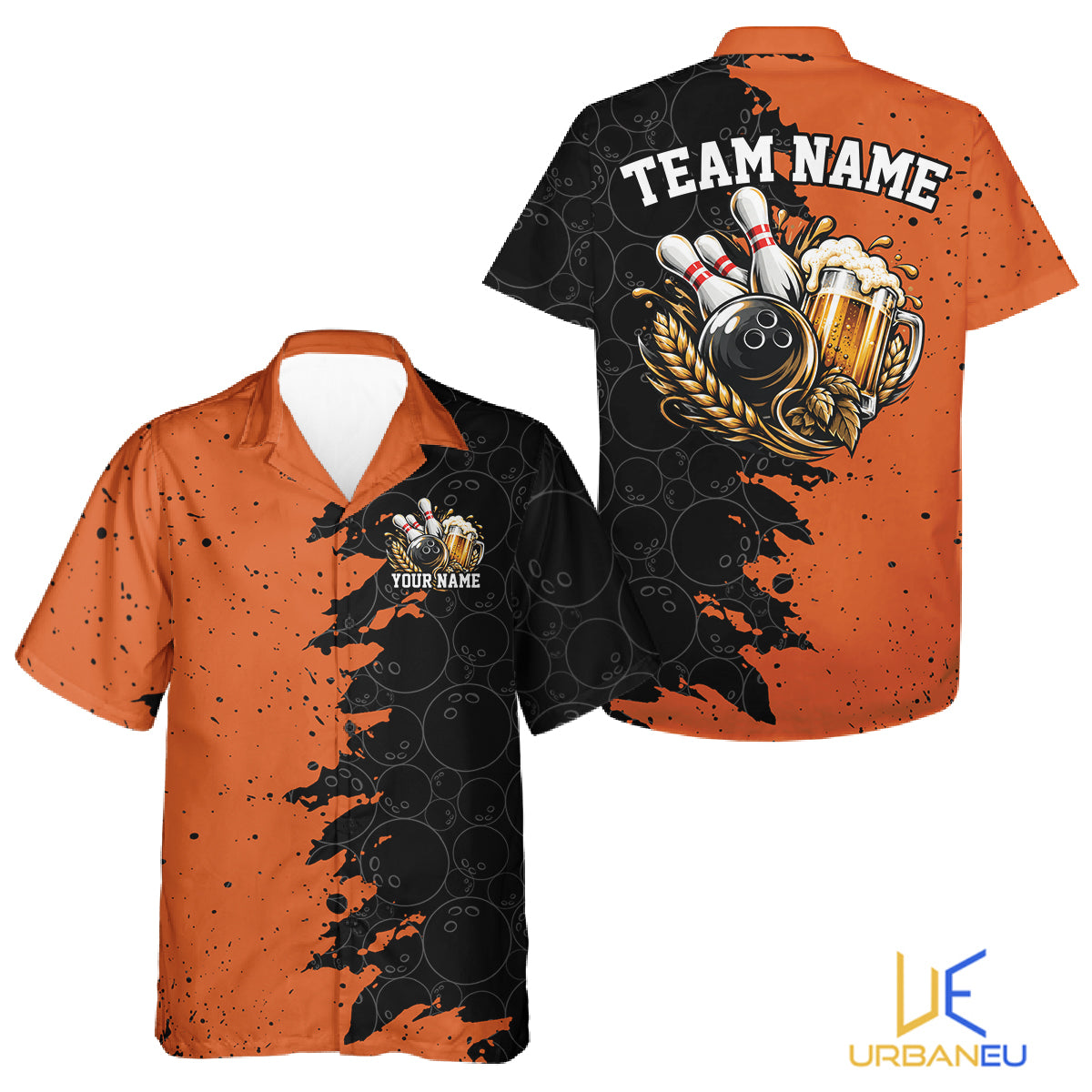 Custom Black And Orange Grunge Vintage Bowling Beer Men And Women Button Up Team Shirt IPHW12797