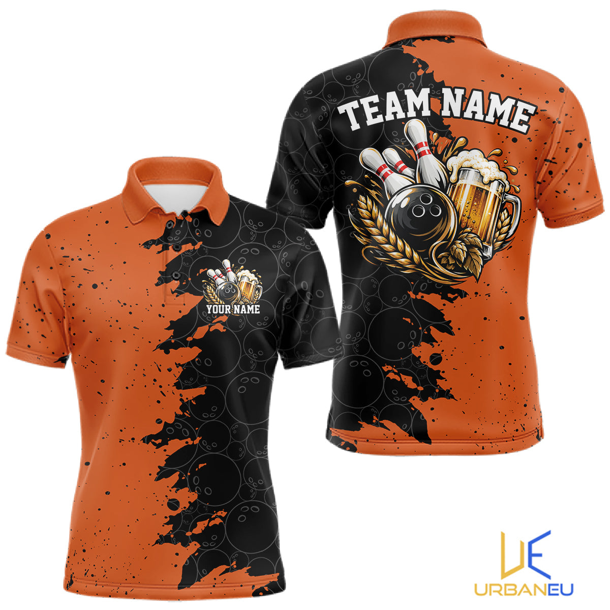 Custom Black And Orange Grunge Vintage Bowling Beer Men Polo Team Shirt IPHW12797