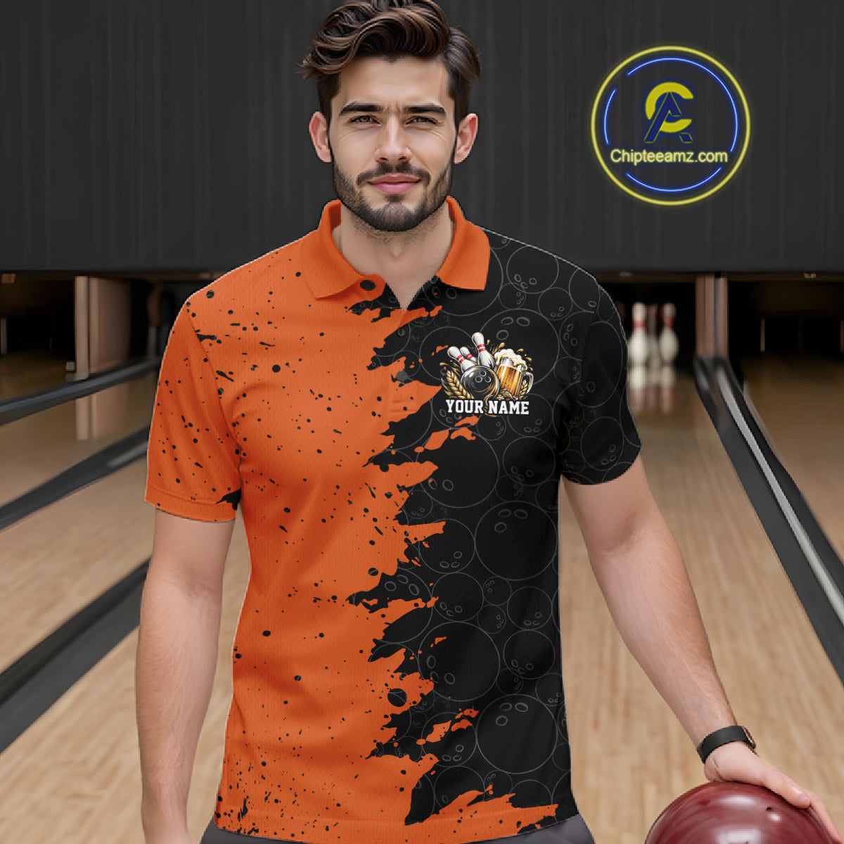Custom Black And Orange Grunge Vintage Bowling Beer Men Polo Team Shirt IPHW12797