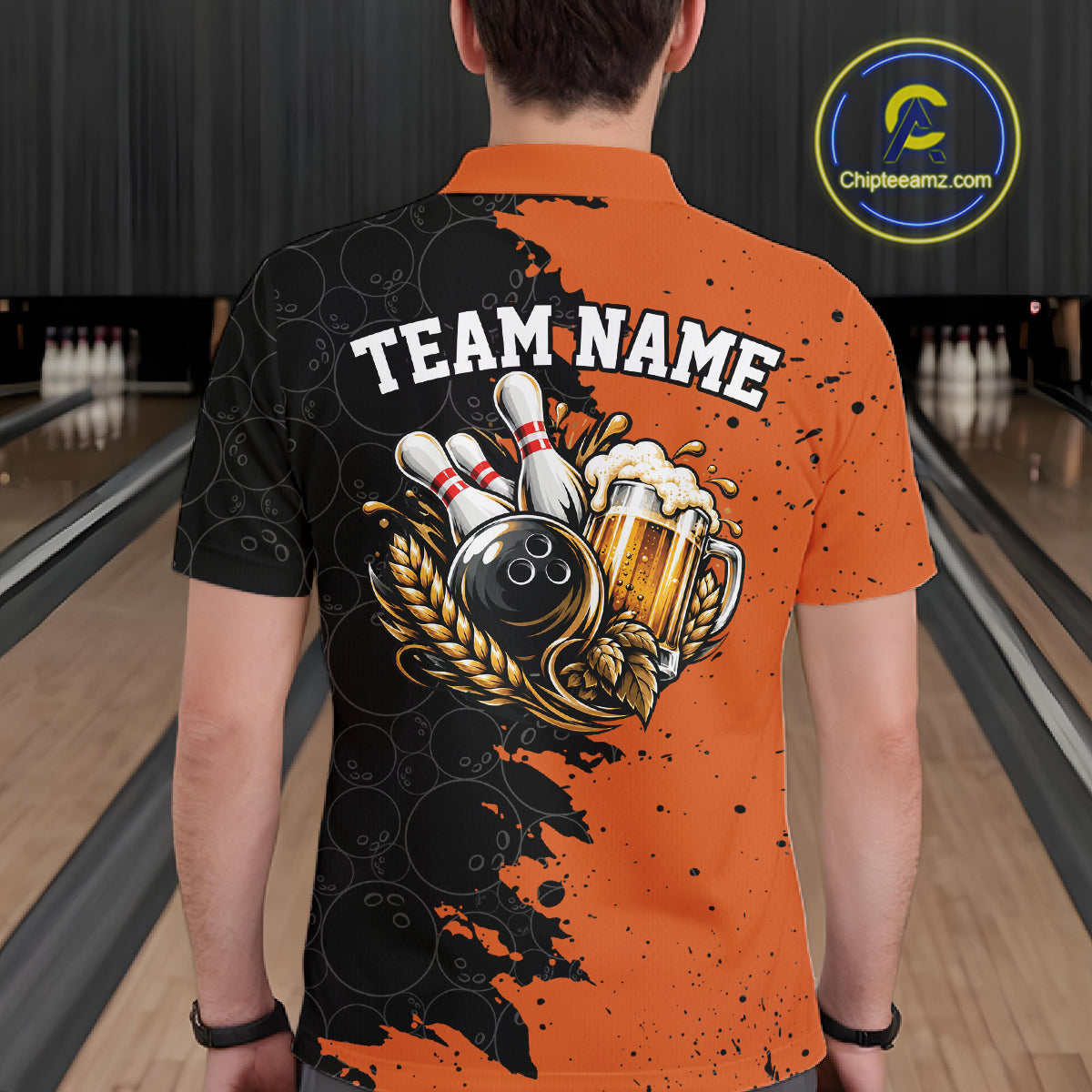Custom Black And Orange Grunge Vintage Bowling Beer Men Polo Team Shirt IPHW12797