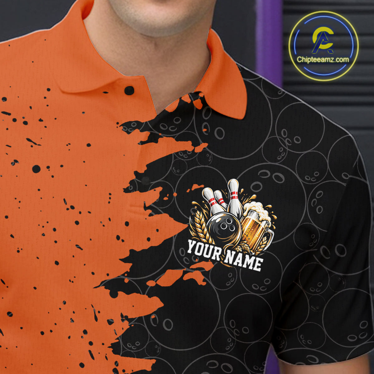 Custom Black And Orange Grunge Vintage Bowling Beer Men Polo Team Shirt IPHW12797