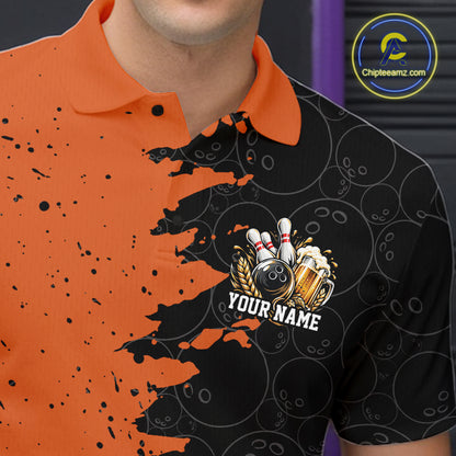 Custom Black And Orange Grunge Vintage Bowling Beer Men Polo Team Shirt IPHW12797