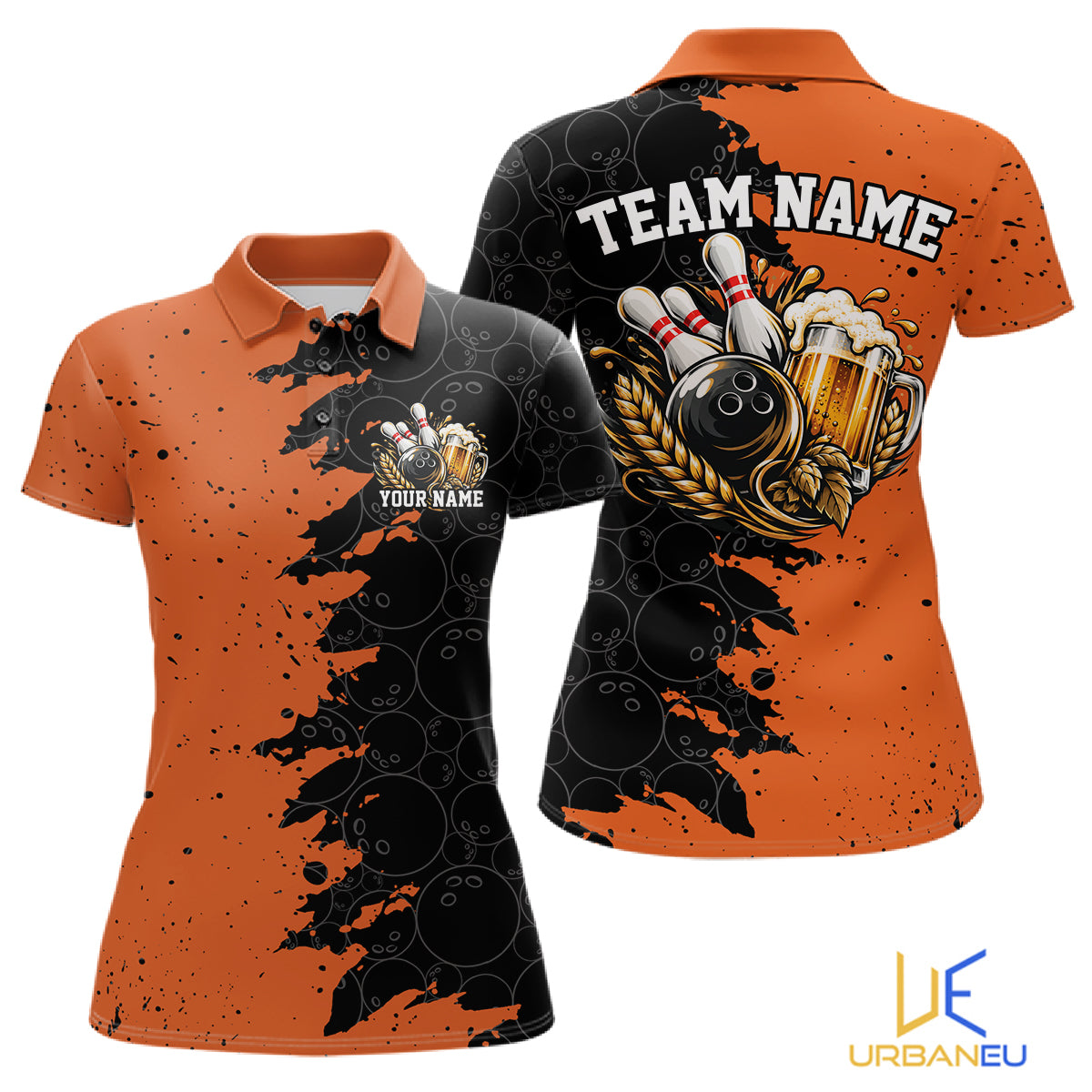 Custom Black And Orange Grunge Vintage Bowling Beer Women Polo Team Shirt IPHW12797