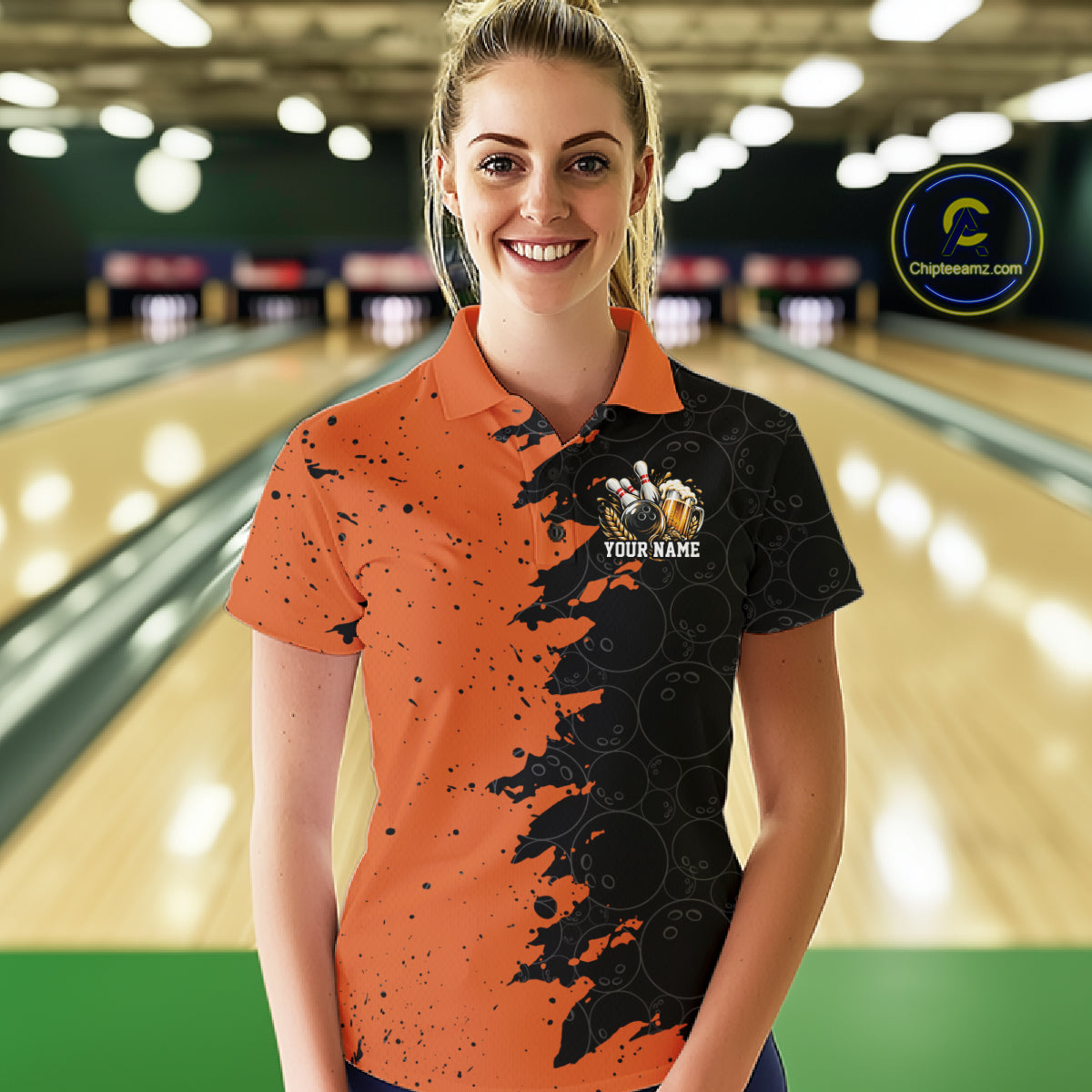 Custom Black And Orange Grunge Vintage Bowling Beer Women Polo Team Shirt IPHW12797