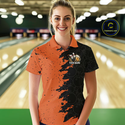 Custom Black And Orange Grunge Vintage Bowling Beer Women Polo Team Shirt IPHW12797