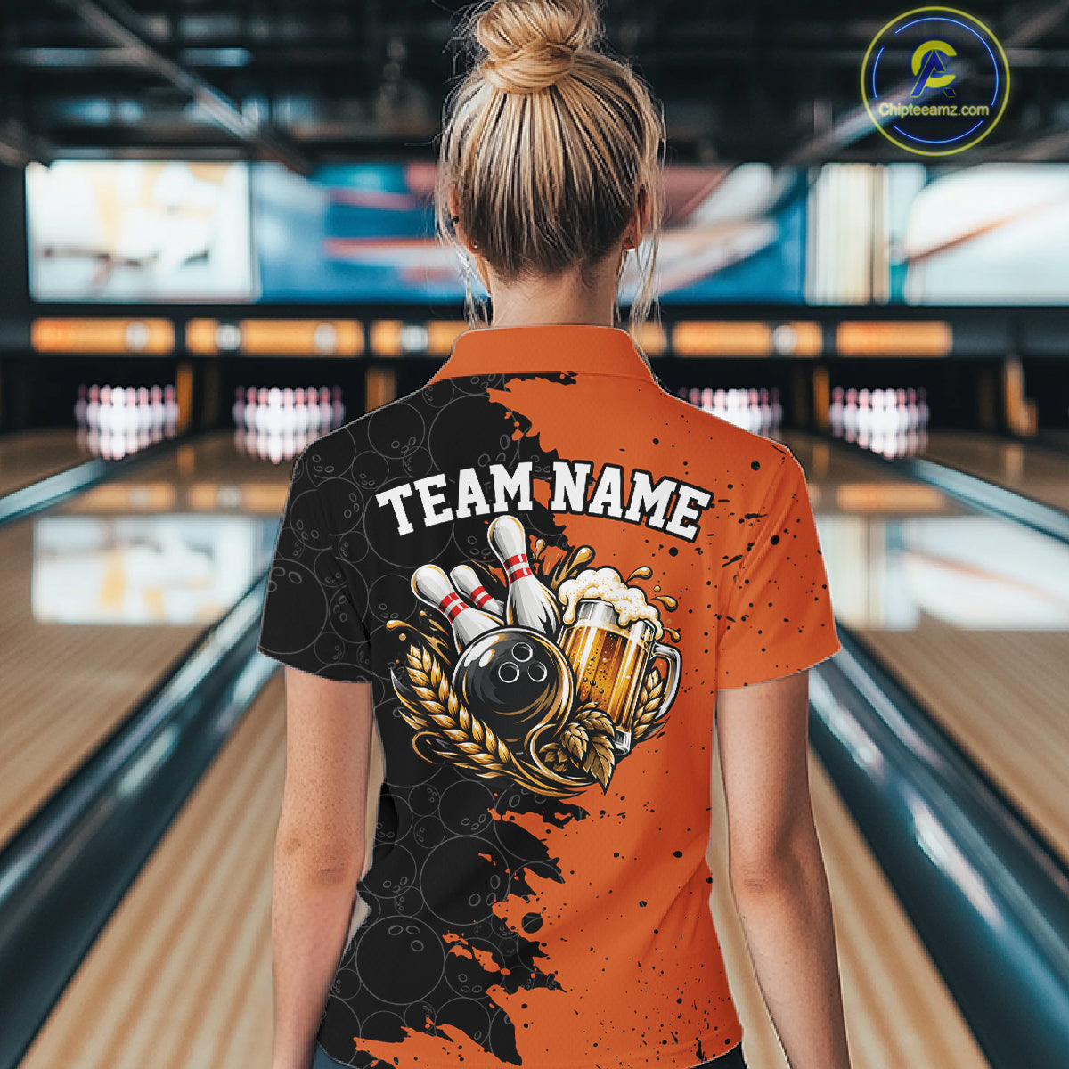 Custom Black And Orange Grunge Vintage Bowling Beer Women Polo Team Shirt IPHW12797