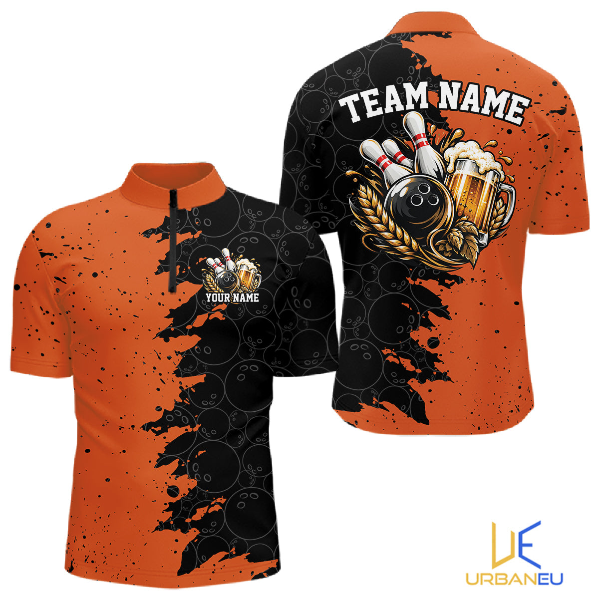 Custom Black And Orange Grunge Vintage Bowling Beer Men Quarter Zip Team Shirt IPHW12797