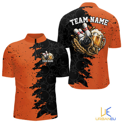 Custom Black And Orange Grunge Vintage Bowling Beer Men Quarter Zip Team Shirt IPHW12797