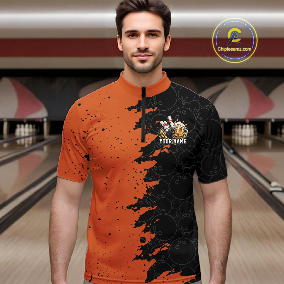 Custom Black And Orange Grunge Vintage Bowling Beer Men Quarter Zip Team Shirt IPHW12797