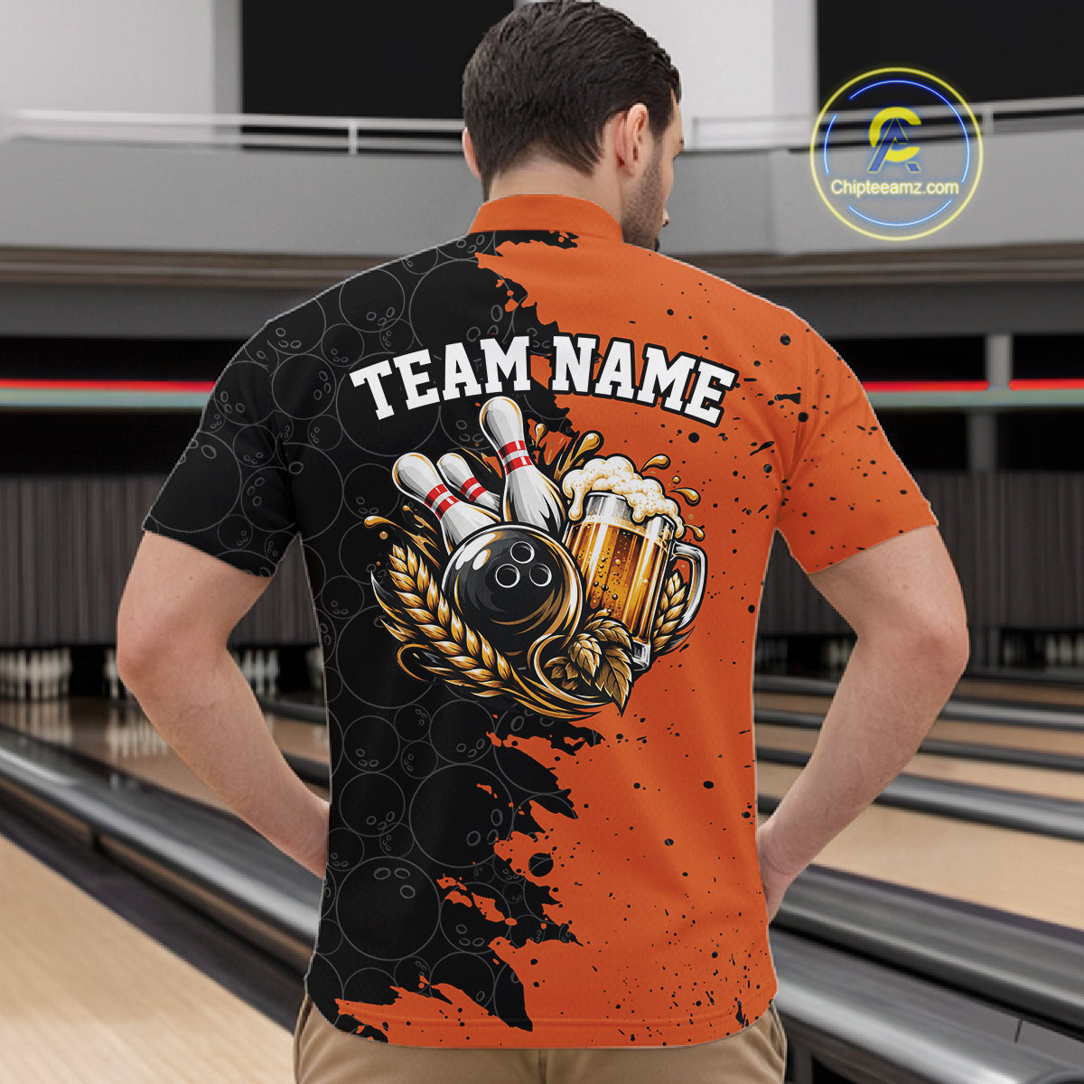Custom Black And Orange Grunge Vintage Bowling Beer Men Quarter Zip Team Shirt IPHW12797