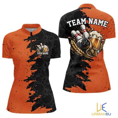 Custom Black And Orange Grunge Vintage Bowling Beer Women Quarter-Zip Team Shirt IPHW12797