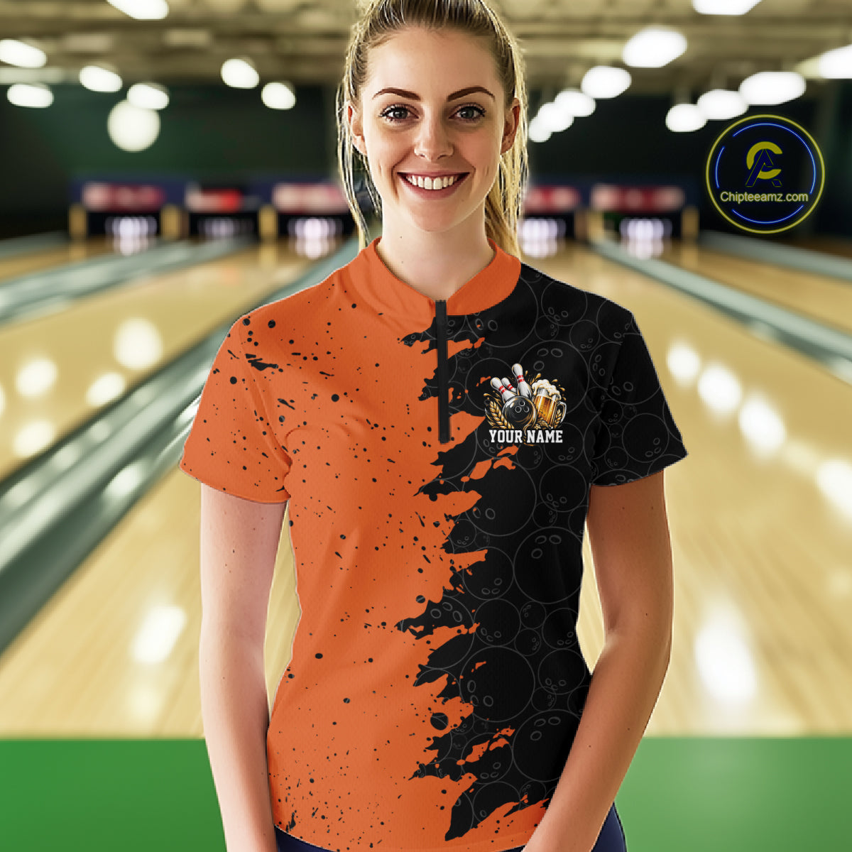 Custom Black And Orange Grunge Vintage Bowling Beer Women Quarter-Zip Team Shirt IPHW12797