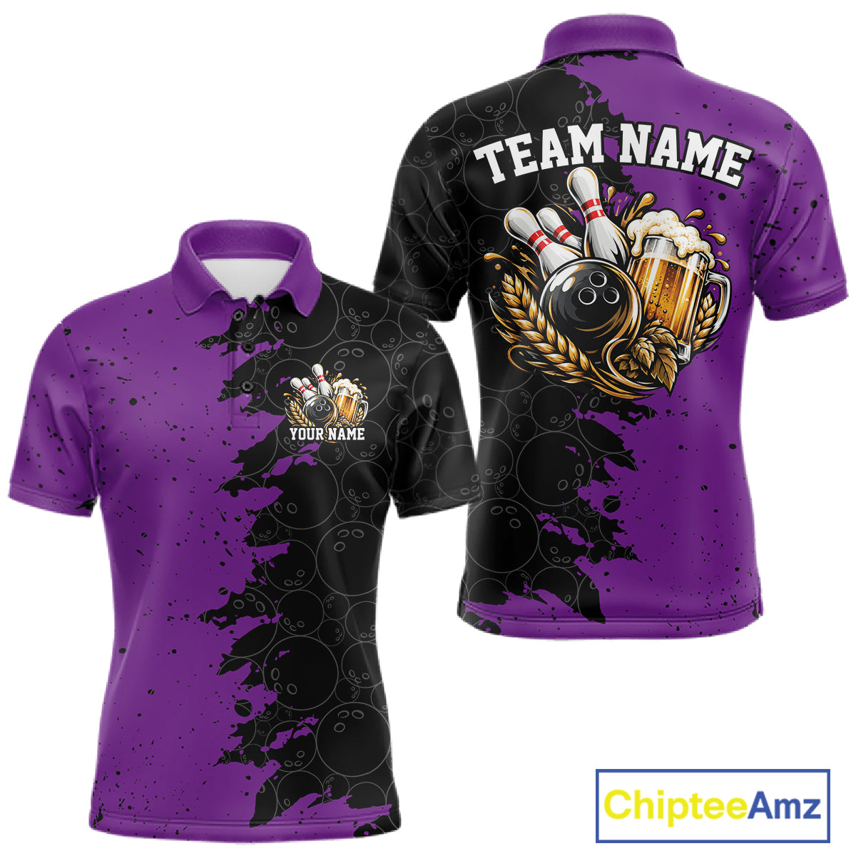 Custom Black And Purple Grunge Vintage Bowling Beer Men Polo Team Shirt IPHW12798