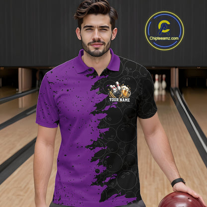 Custom Black And Purple Grunge Vintage Bowling Beer Men Polo Team Shirt IPHW12798