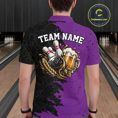 Custom Black And Purple Grunge Vintage Bowling Beer Men Polo Team Shirt IPHW12798