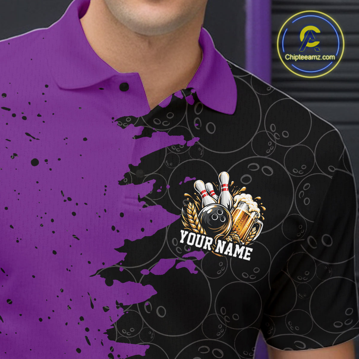 Custom Black And Purple Grunge Vintage Bowling Beer Men Polo Team Shirt IPHW12798