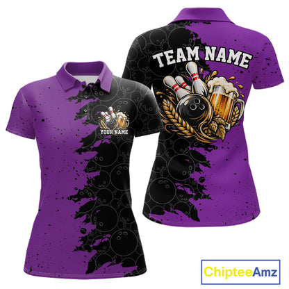 Custom Black And Purple Grunge Vintage Bowling Beer Women Polo Team Shirt IPHW12798