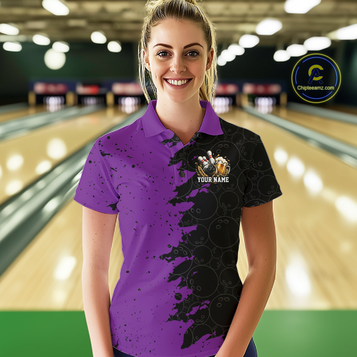 Custom Black And Purple Grunge Vintage Bowling Beer Women Polo Team Shirt IPHW12798