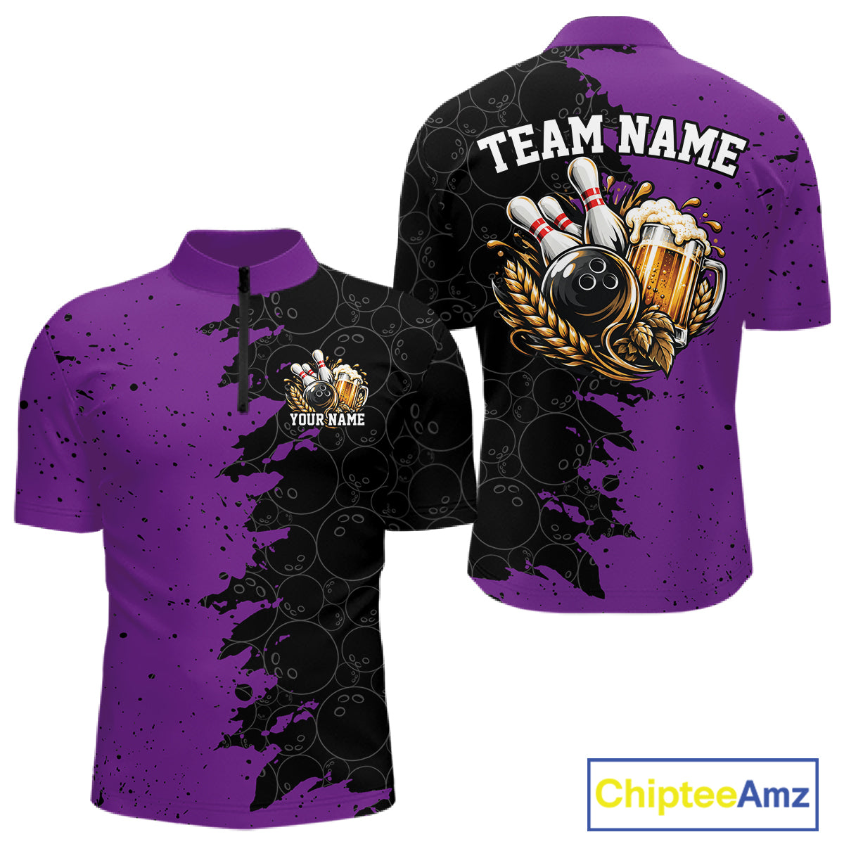 Custom Black And Purple Grunge Vintage Bowling Beer Men Quarter Zip Team Shirt IPHW12798