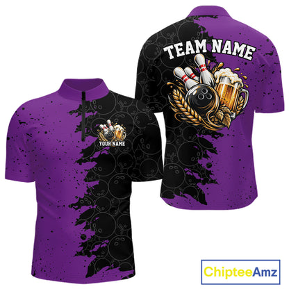 Custom Black And Purple Grunge Vintage Bowling Beer Men Quarter Zip Team Shirt IPHW12798