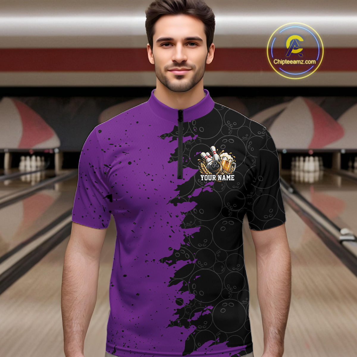 Custom Black And Purple Grunge Vintage Bowling Beer Men Quarter Zip Team Shirt IPHW12798