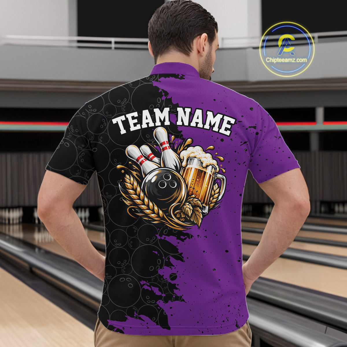 Custom Black And Purple Grunge Vintage Bowling Beer Men Quarter Zip Team Shirt IPHW12798