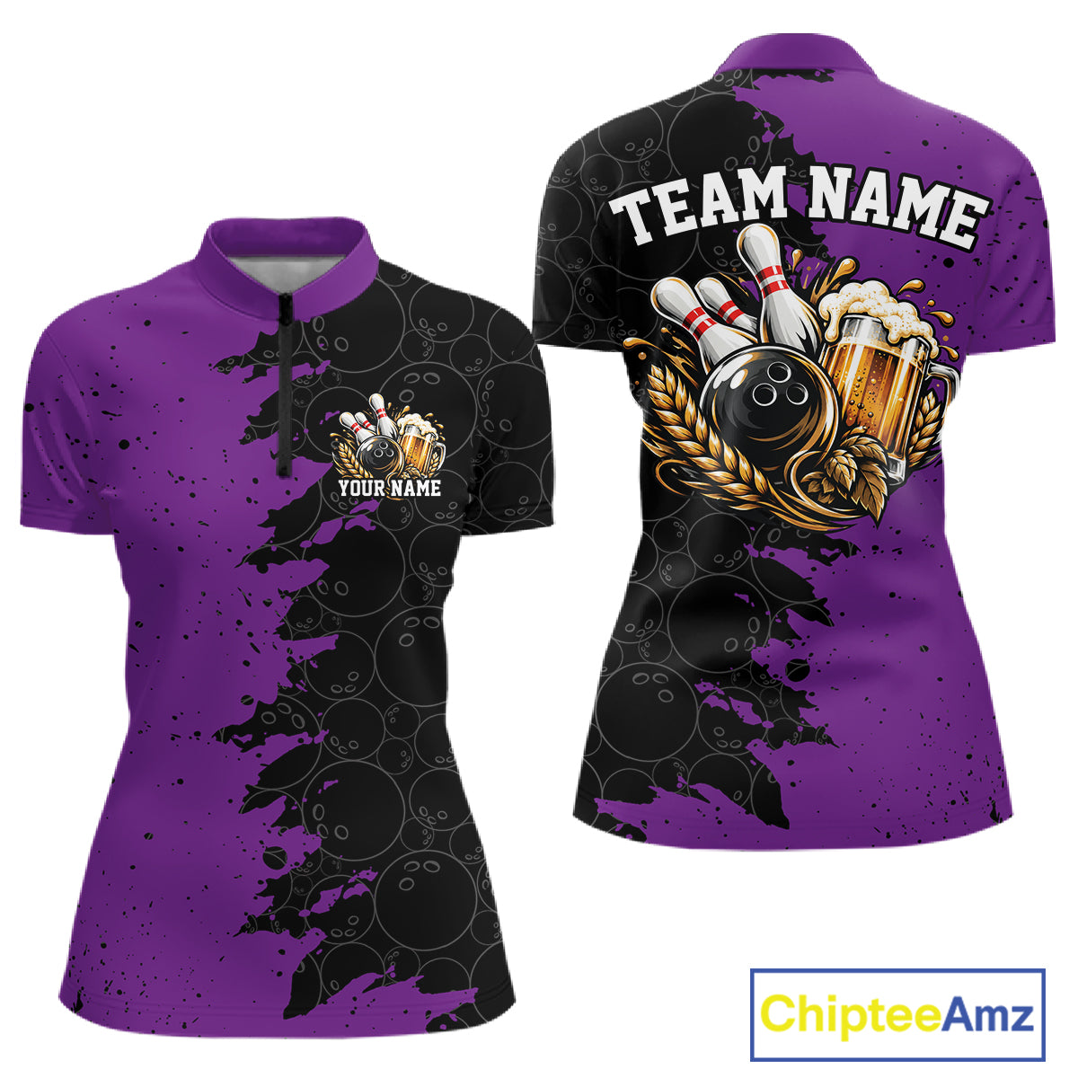Custom Black And Purple Grunge Vintage Bowling Beer Women Quarter-Zip Team Shirt IPHW12798
