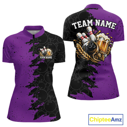 Custom Black And Purple Grunge Vintage Bowling Beer Women Quarter-Zip Team Shirt IPHW12798