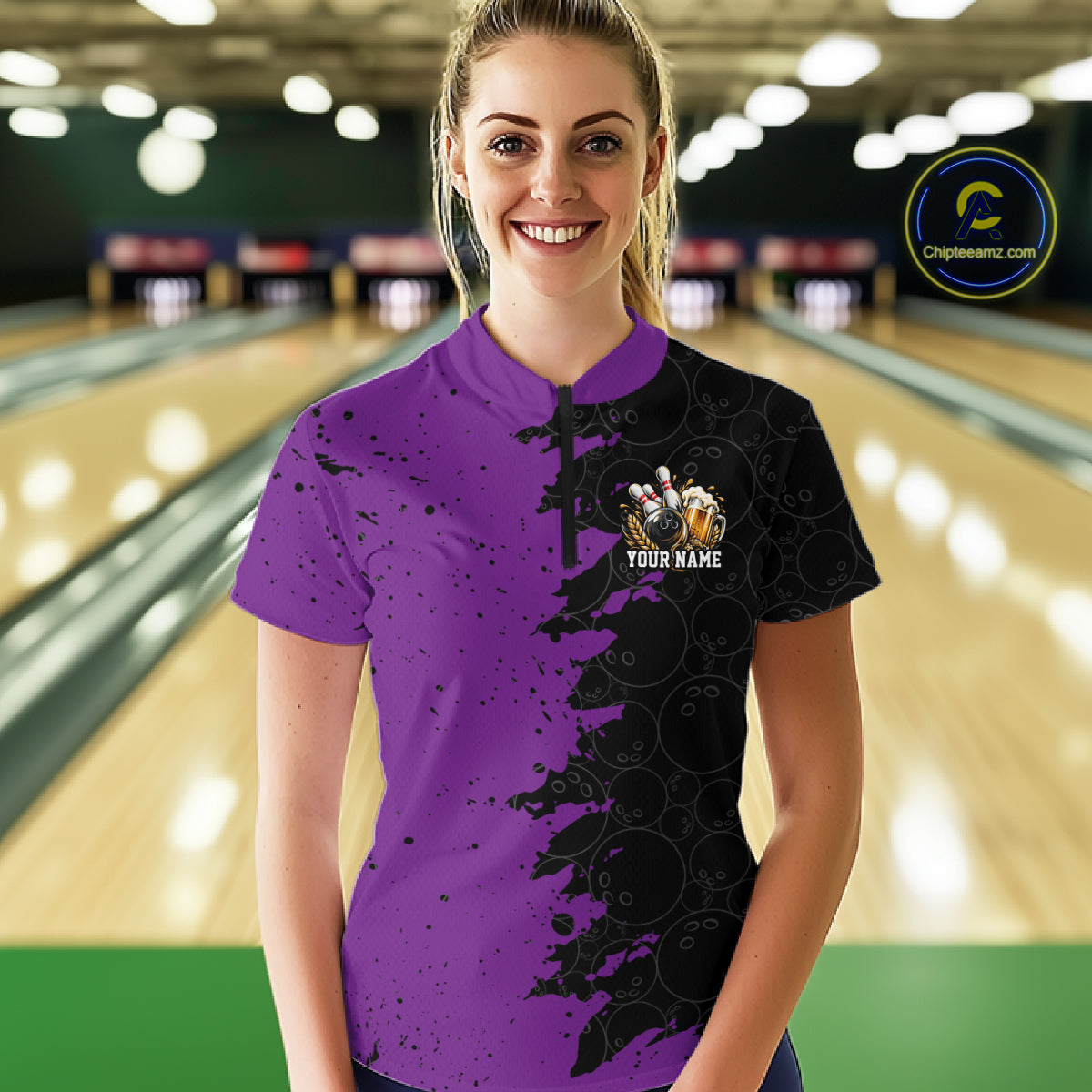 Custom Black And Purple Grunge Vintage Bowling Beer Women Quarter-Zip Team Shirt IPHW12798