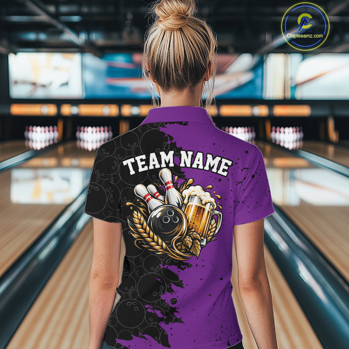 Custom Black And Purple Grunge Vintage Bowling Beer Women Quarter-Zip Team Shirt IPHW12798