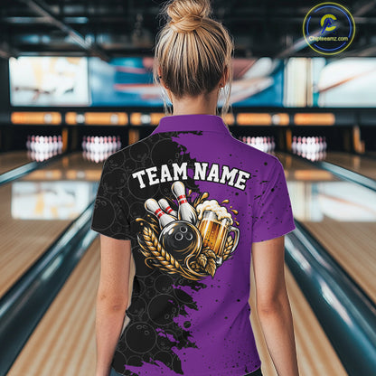 Custom Black And Purple Grunge Vintage Bowling Beer Women Quarter-Zip Team Shirt IPHW12798