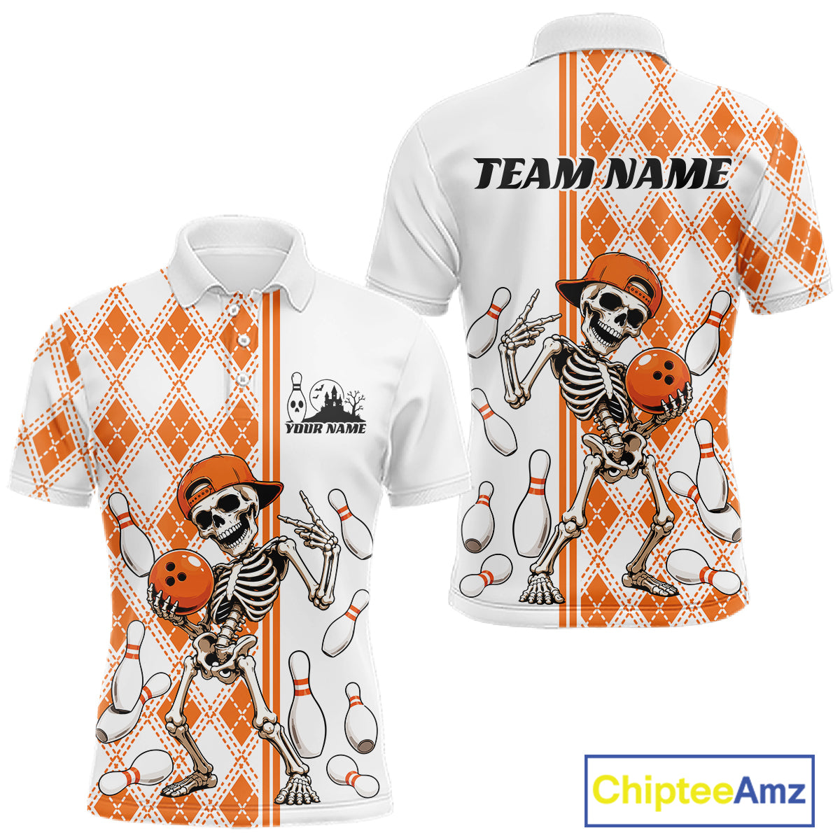 Custom Orange Argyle Pattern Funny Skeleton Halloween Bowling Men Polo Shirt IPHW11974