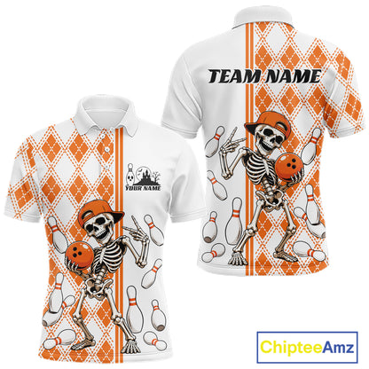 Custom Orange Argyle Pattern Funny Skeleton Halloween Bowling Men Polo Shirt IPHW11974