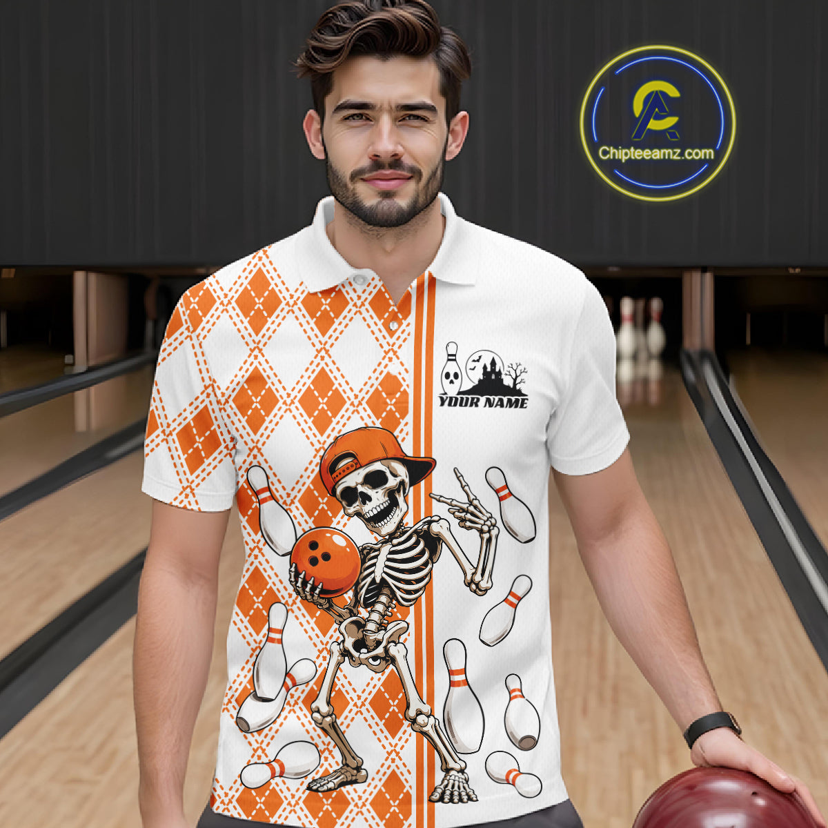 Custom Orange Argyle Pattern Funny Skeleton Halloween Bowling Men Polo Shirt IPHW11974
