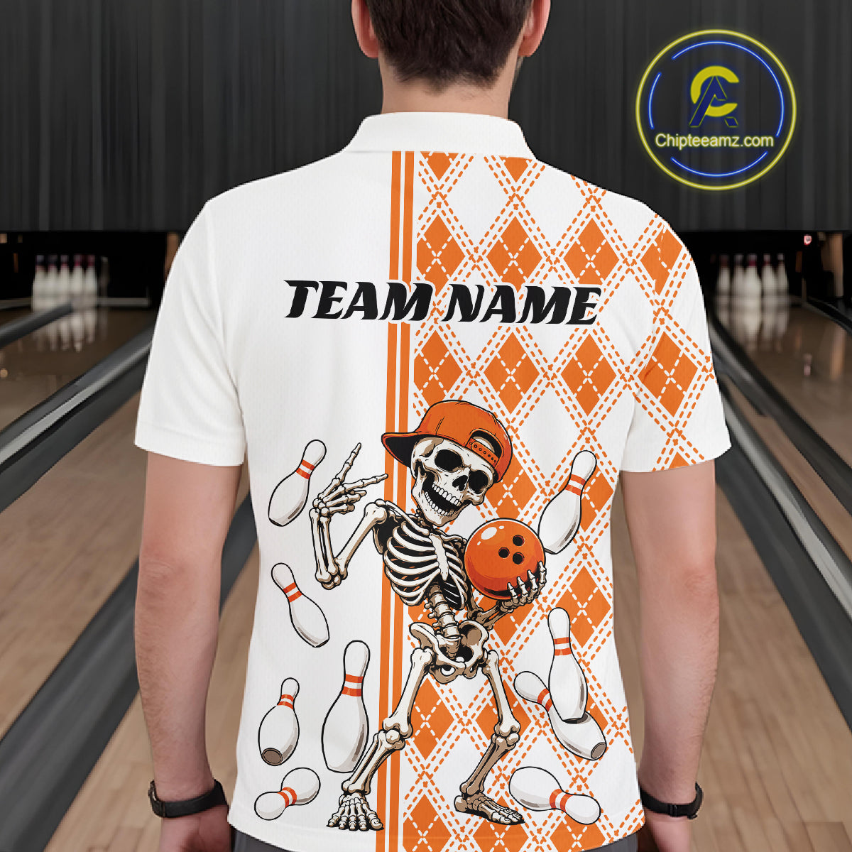Custom Orange Argyle Pattern Funny Skeleton Halloween Bowling Men Polo Shirt IPHW11974