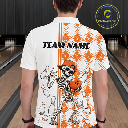 Custom Orange Argyle Pattern Funny Skeleton Halloween Bowling Men Polo Shirt IPHW11974