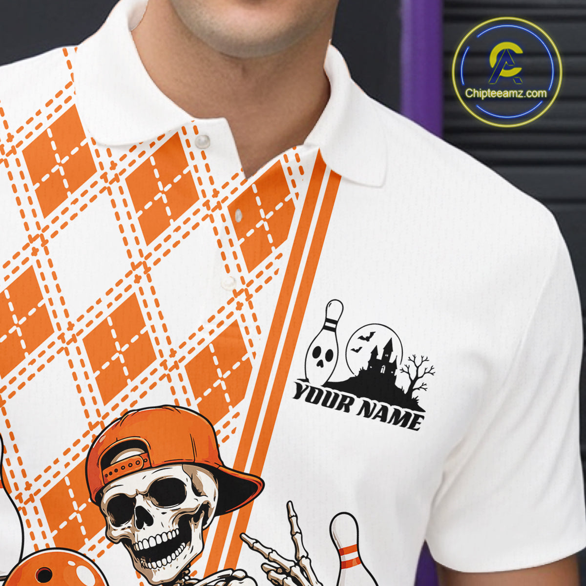 Custom Orange Argyle Pattern Funny Skeleton Halloween Bowling Men Polo Shirt IPHW11974