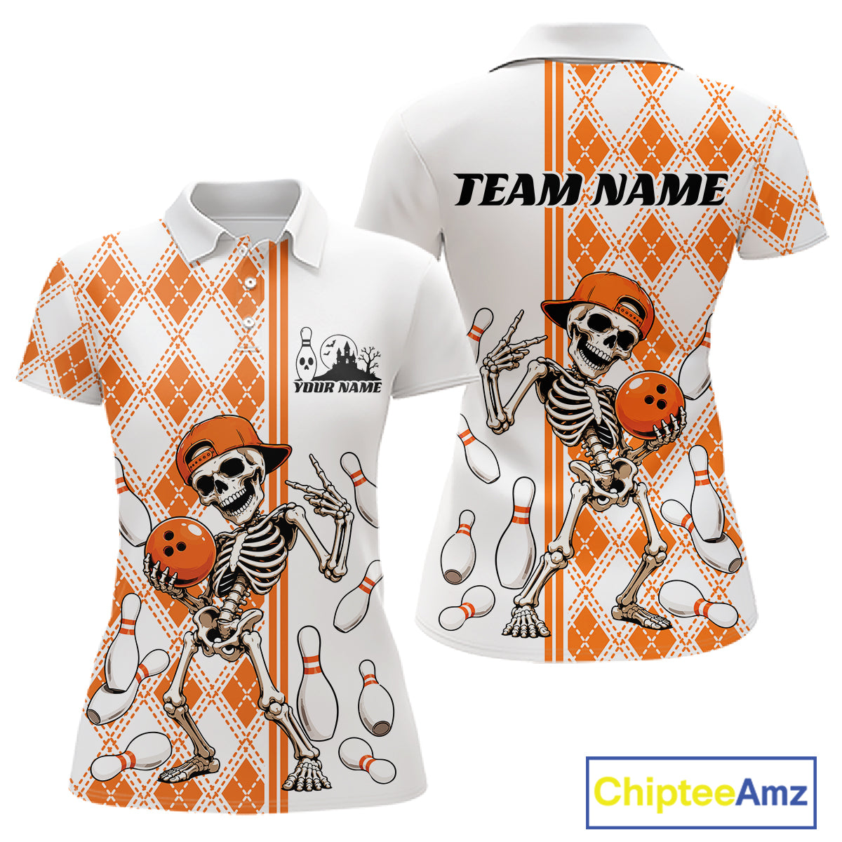 Custom Orange Argyle Pattern Funny Skeleton Halloween Bowling Women Polo Shirt IPHW11974