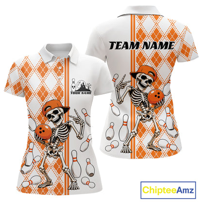 Custom Orange Argyle Pattern Funny Skeleton Halloween Bowling Women Polo Shirt IPHW11974