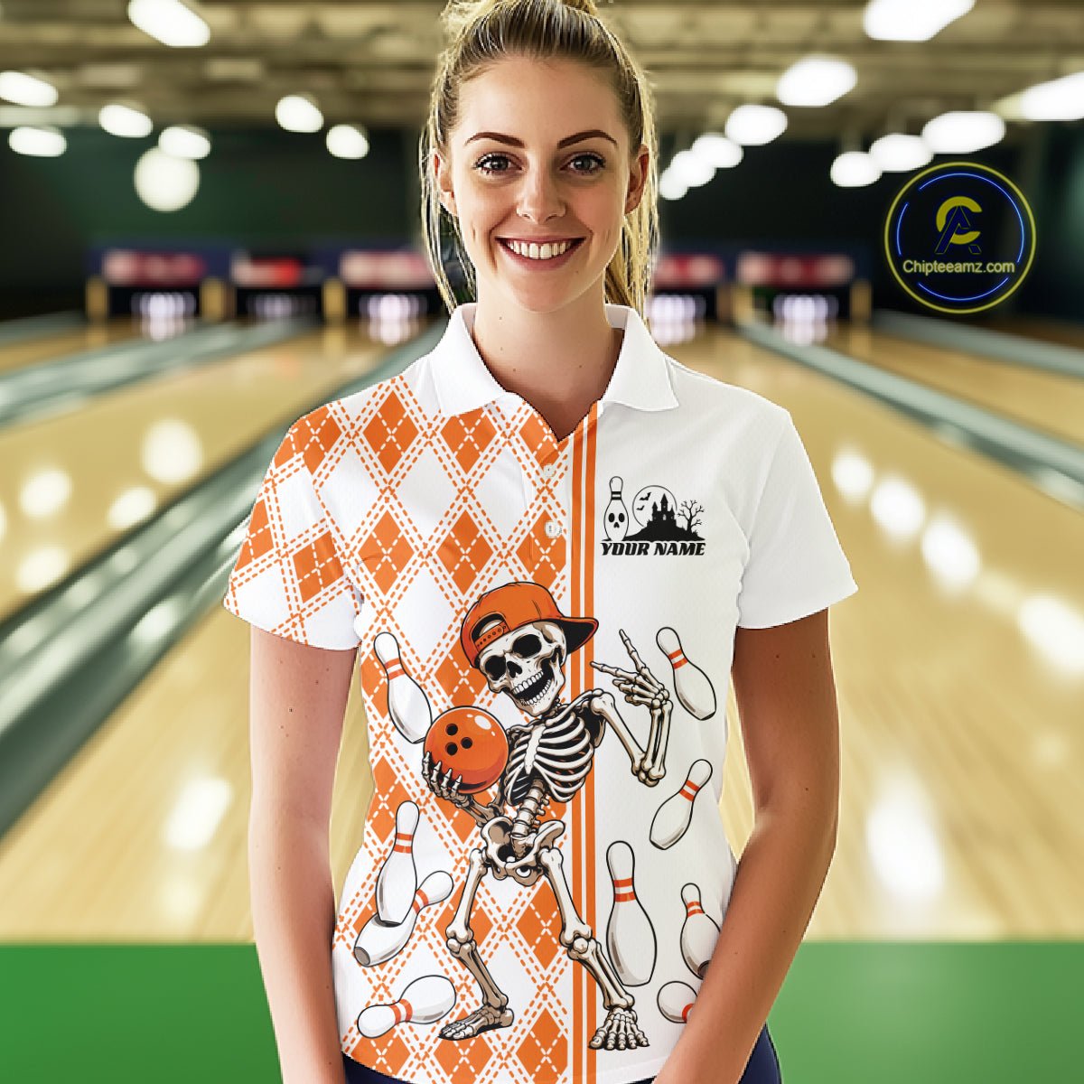 Custom Orange Argyle Pattern Funny Skeleton Halloween Bowling Women Polo Shirt IPHW11974